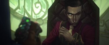 Movie still from “Arcane” (2021), created by Alex Yee – A man sitting in a chair holding a cell phone to his ear; Close Up shot, Low angle