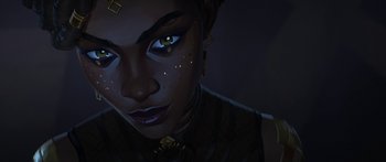 Movie still from “Arcane” (2021), created by Alex Yee – A person's face in the dark; Close Up shot, Low angle