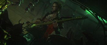 Movie still from “Arcane” (2021), created by Alex Yee – A man holding a guitar in a room with green lights; Medium shot, Low angle