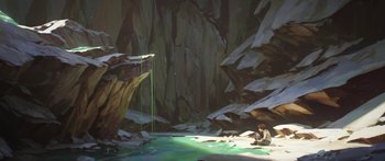 Movie still from “Arcane” (2021), created by Alex Yee – A man sitting on the ground next to a waterfall; Extreme Wide shot, High angle