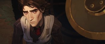 Movie still from “Arcane” (2021), created by Alex Yee – A man with a red bow tie; Close Up shot, Overhead angle