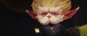 Movie still from “Arcane” (2021), created by Alex Yee – A painting of a white cat with a blonde hair style; Close Up shot, Low angle