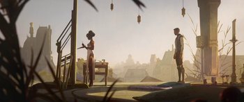 Movie still from “Arcane” (2021), created by Alex Yee – A woman standing in front of an open window; Extreme Wide shot, Low angle