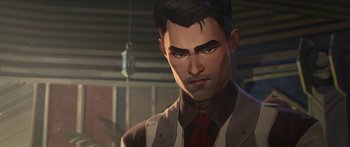 Movie still from “Arcane” (2021), created by Alex Yee – An animated picture of a man in a suit and red tie; Close Up shot, Over the shoulder angle