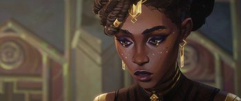 Movie still from “Arcane” (2021), created by Alex Yee – A person wearing a black and gold outfit; Close Up shot, Over the shoulder angle