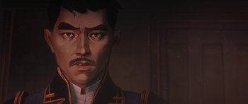 Movie still from “Arcane” (2021), created by Alex Yee – An illustration of a man with a mustache; Close Up shot, Over the shoulder angle