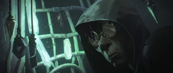 Movie still from “Arcane” (2021), created by Alex Yee – An image of a man with a hood on; Close Up shot, Low angle