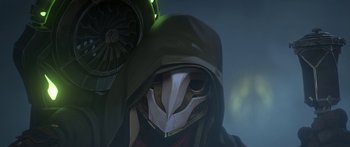 Movie still from “Arcane” (2021), created by Alex Yee – A person wearing a mask and a hood; Close Up shot, Low angle