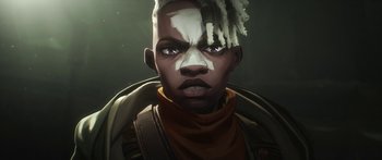 Movie still from “Arcane” (2021), created by Alex Yee – An artistic painting of an african american man with dreadlocks; Close Up shot, Low angle