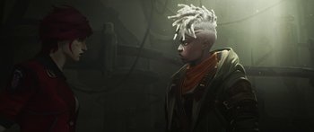 Movie still from “Arcane” (2021), created by Alex Yee – A man with a white dreadlock hair style; Close Up shot, Over the shoulder angle