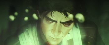 Movie still from “Arcane” (2021), created by Alex Yee – An illustration of a man with long black hair; Close Up shot, Overhead angle