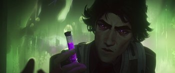 Movie still from “Arcane” (2021), created by Alex Yee – A person holding a glass of liquid; Close Up shot, Low angle