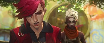 Movie still from “Arcane” (2021), created by Alex Yee – A person with red hair; Close Up shot, Low angle