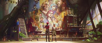 Movie still from “Arcane” (2021), created by Alex Yee – Two people standing in front of a painting of faces; Wide shot, Overhead angle