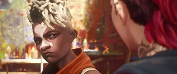 Movie still from “Arcane” (2021), created by Alex Yee – A person with a bald head; Close Up shot, Over the shoulder angle