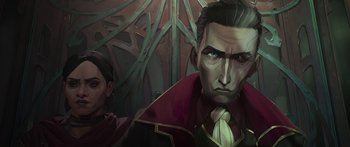 Movie still from “Arcane” (2021), created by Alex Yee – An illustration of a man with a red cape and a black and white face; Close Up shot, Overhead angle