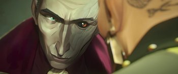 Movie still from “Arcane” (2021), created by Alex Yee – View of the face of a character; Extreme Close Up shot, Over the shoulder angle