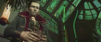 Movie still from “Arcane” (2021), created by Alex Yee – A painting of a man holding a book in front of a stained glass window; Medium shot, Low angle