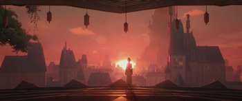 Movie still from “Arcane” (2021), created by Alex Yee – A person standing in front of a sunset; Extreme Wide shot, Low angle