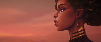 Movie still from “Arcane” (2021), created by Alex Yee – A painting of an african american woman's face; Close Up shot, Low angle