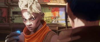 Movie still from “Arcane” (2021), created by Alex Yee – An artistic painting of a man with a bald head; Close Up shot, Over the shoulder angle