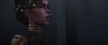 Movie still from “Arcane” (2021), created by Alex Yee – A woman with a black and brown outfit on; Close Up shot, Low angle