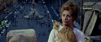 Movie still from “Yesterday, Today and Tomorrow” (1963), directed by Vittorio De Sica – A woman holding an orange and white cat in her arms; Close Up shot, High angle