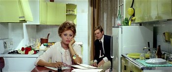 Movie still from “Yesterday, Today and Tomorrow” (1963), directed by Vittorio De Sica – A man and a woman sitting at a kitchen table; Medium shot, Over the shoulder angle