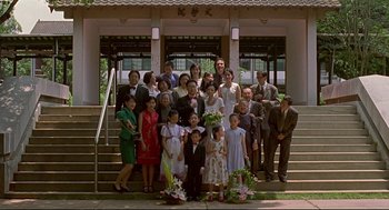 Movie still from “Yi Yi” (2000), directed by Edward Yang – A group of people standing in front of a building; Wide shot, High angle