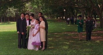 Movie still from “Yi Yi” (2000), directed by Edward Yang – A group of people standing next to each other in the grass; Wide shot, Over the shoulder angle