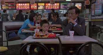 Movie still from “Yi Yi” (2000), directed by Edward Yang – A group of people sitting at a table eating food; Medium shot, High angle