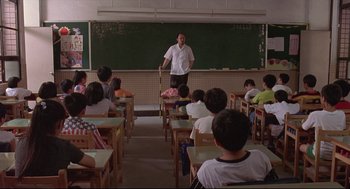 Movie still from “Yi Yi” (2000), directed by Edward Yang – A man standing in front of a group of children; Wide shot, High angle