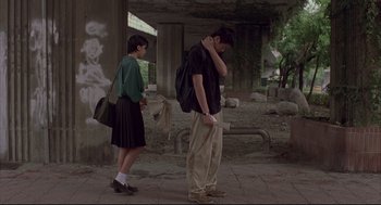 Movie still from “Yi Yi” (2000), directed by Edward Yang – A man and a woman standing next to each other; Wide shot, Low angle