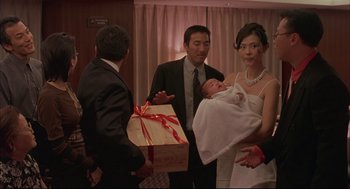 Movie still from “Yi Yi” (2000), directed by Edward Yang – A group of people standing in a room holding a gift box; Medium shot, Over the shoulder angle