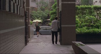 Movie still from “Yi Yi” (2000), directed by Edward Yang – A man and a woman walking down a sidewalk; Wide shot, High angle