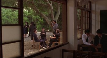 Movie still from “Yi Yi” (2000), directed by Edward Yang – A group of people sitting on chairs in front of a tree; Wide shot, High angle