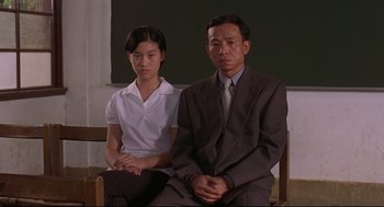 Movie still from “Yi Yi” (2000), directed by Edward Yang – A man and a woman sitting next to each other in front of a chalkboard; Medium shot, Low angle