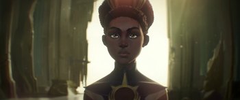 Movie still from “Arcane” (2021), created by Alex Yee – An african american woman is looking at the camera; Close Up shot, Over the shoulder angle