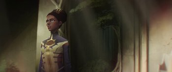 Movie still from “Arcane” (2021), created by Alex Yee – A woman standing in front of a tree in a forest; Medium shot, Low angle