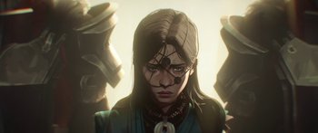 Movie still from “Arcane” (2021), created by Alex Yee – A woman with long black hair wearing a necklace; Close Up shot, Low angle