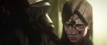 Movie still from “Arcane” (2021), created by Alex Yee – A woman and a man face to face in a forest; Extreme Close Up shot, Over the shoulder angle