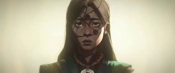 Movie still from “Arcane” (2021), created by Alex Yee – A woman with long black hair wearing a green shirt; Close Up shot, Low angle