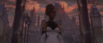 Movie still from “Arcane” (2021), created by Alex Yee – A woman standing in front of a castle; Medium shot, Low angle