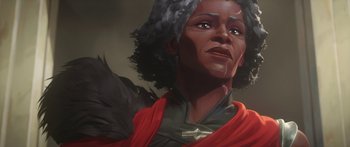 Movie still from “Arcane” (2021), created by Alex Yee – A painting of a woman in a red and black outfit; Close Up shot, Low angle