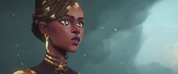 Movie still from “Arcane” (2021), created by Alex Yee – A painting of a woman with a black and gold outfit; Close Up shot, Low angle