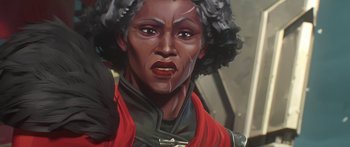 Movie still from “Arcane” (2021), created by Alex Yee – A person wearing a red and black outfit; Close Up shot, Low angle