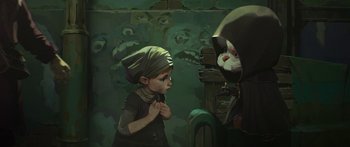 Movie still from “Arcane” (2021), created by Alex Yee – A painting of a child looking at a stuffed animal; Medium shot, Over the shoulder angle