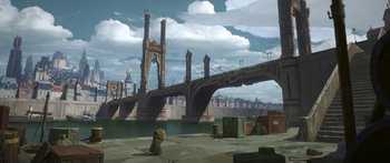 Movie still from “Arcane” (2021), created by Alex Yee – An artistic painting of a city with a bridge in the middle of it; Extreme Wide shot, Low angle