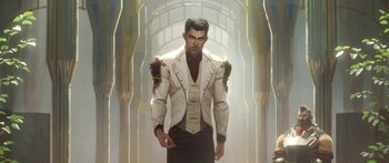 Movie still from “Arcane” (2021), created by Alex Yee – A painting of a man wearing a white jacket; Medium shot, Low angle