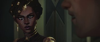 Movie still from “Arcane” (2021), created by Alex Yee – A woman's face in front of a door; Close Up shot, Over the shoulder angle